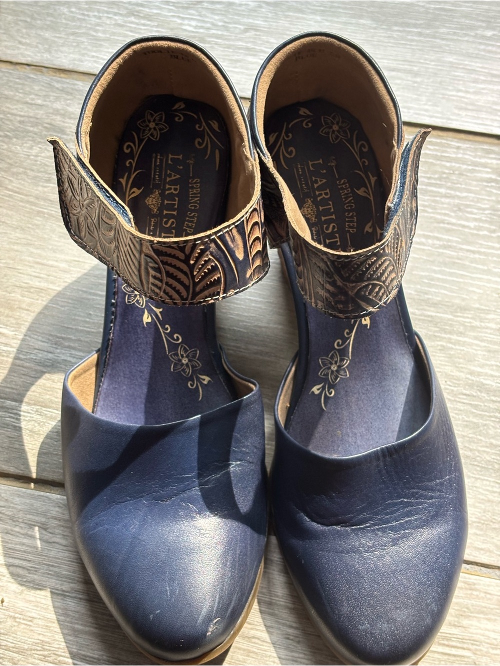 L’Artiste Women's Navy Embossed Ankle Strap and Heel Closed-Toe Beauty - Picture 6 of 7